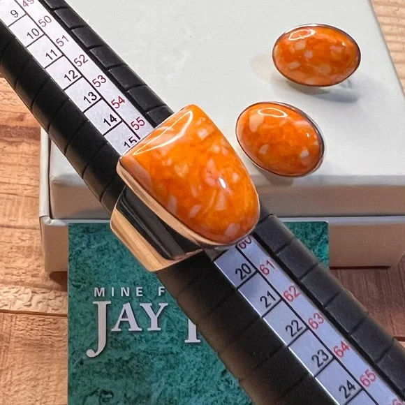 Jay King Orange and spiny shell Sterling silver .925 bracelet, earring and ring